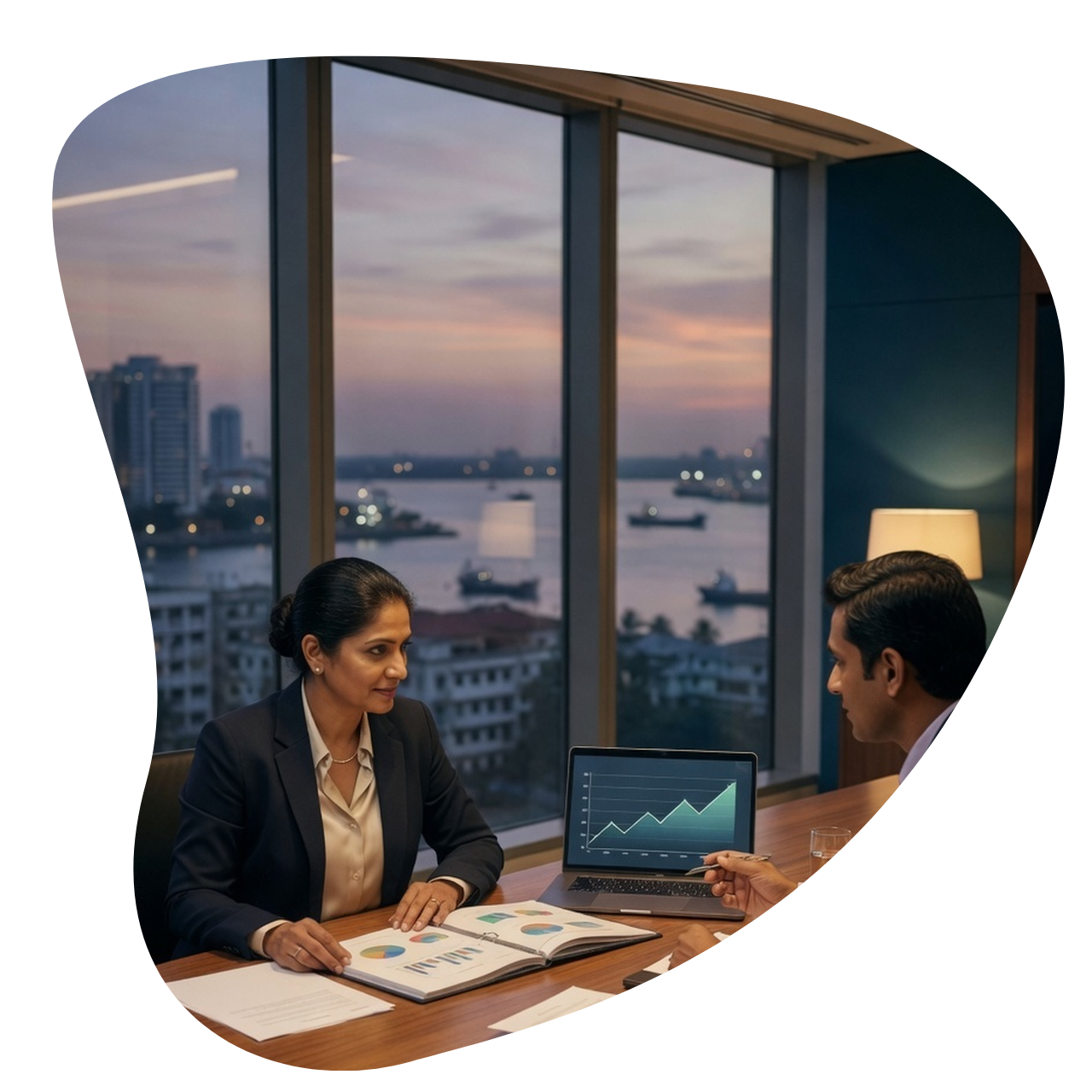 HalaCap advisors reviewing an investment portfolio in a Kochi office overlooking the harbour